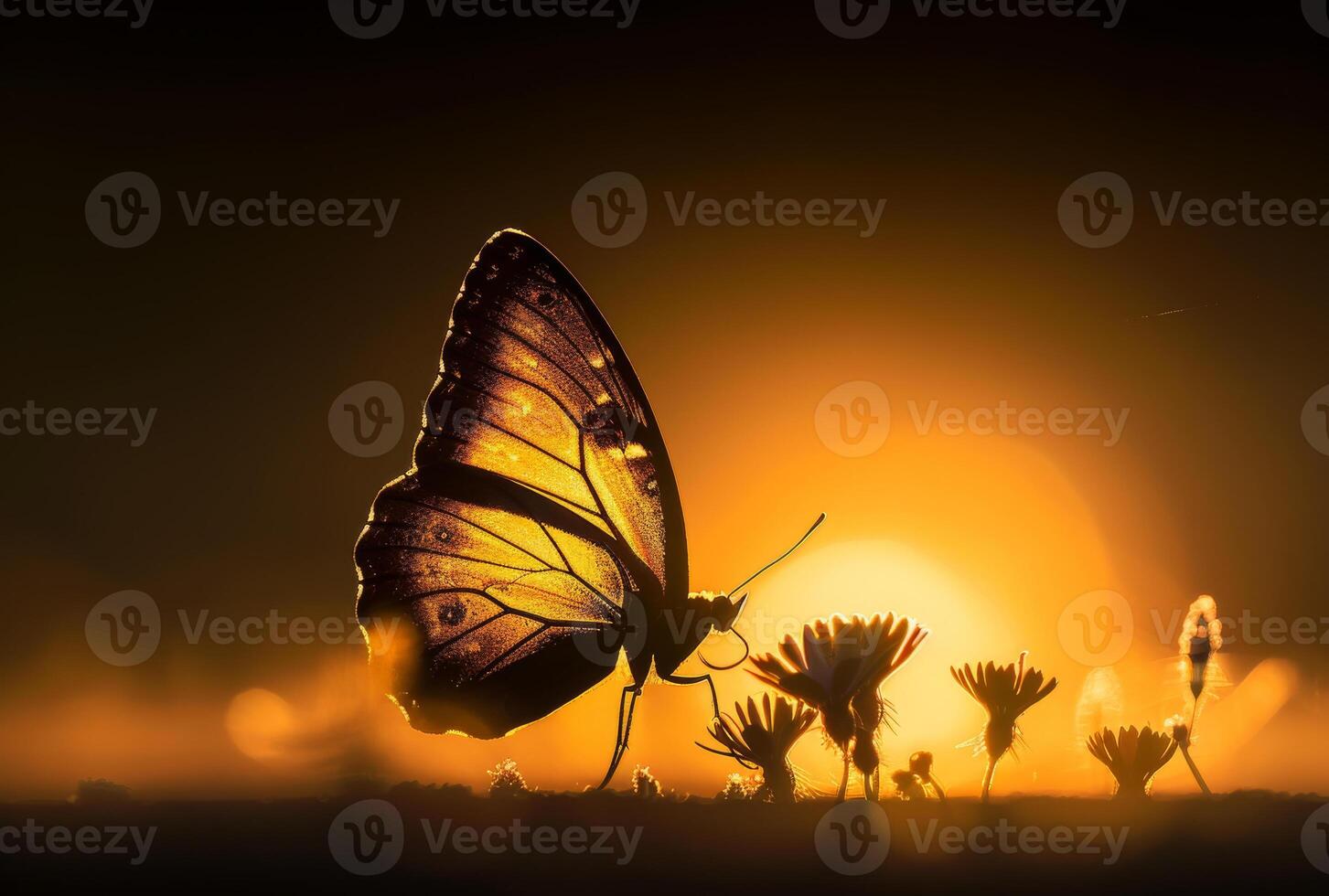 ai généré le Jaune papillon est sur le fleurs dans le Prairie à le coucher du soleil photo