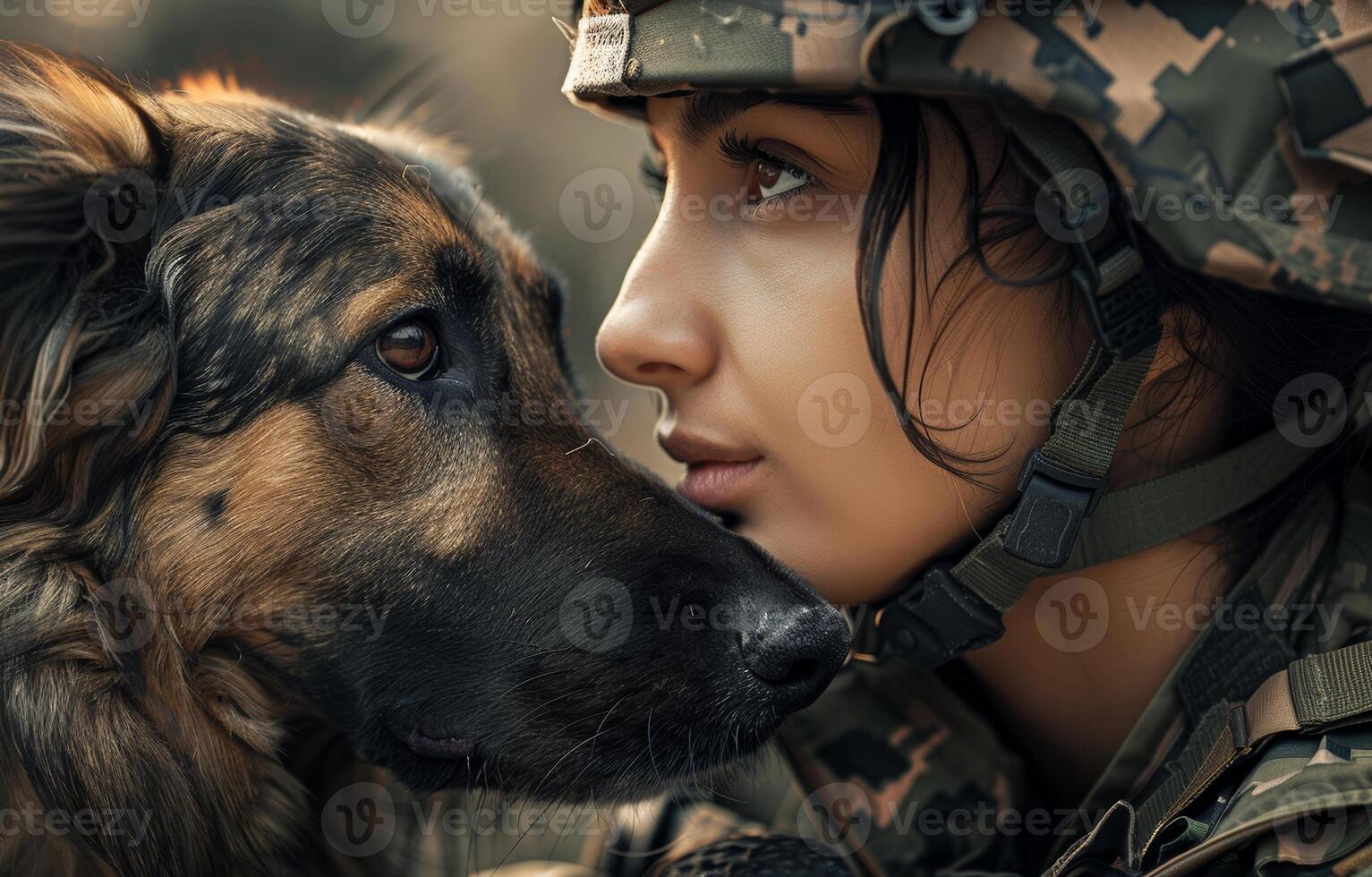 ai généré femelle soldat et sa chien photo