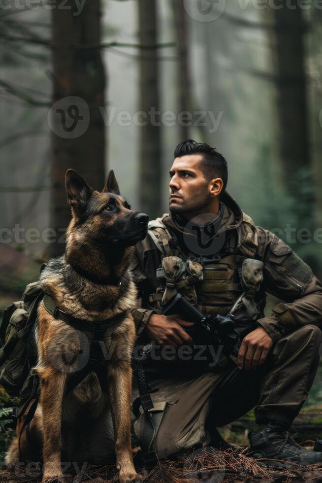 ai généré militaire homme avec le sien militaire chien dans forêt photo