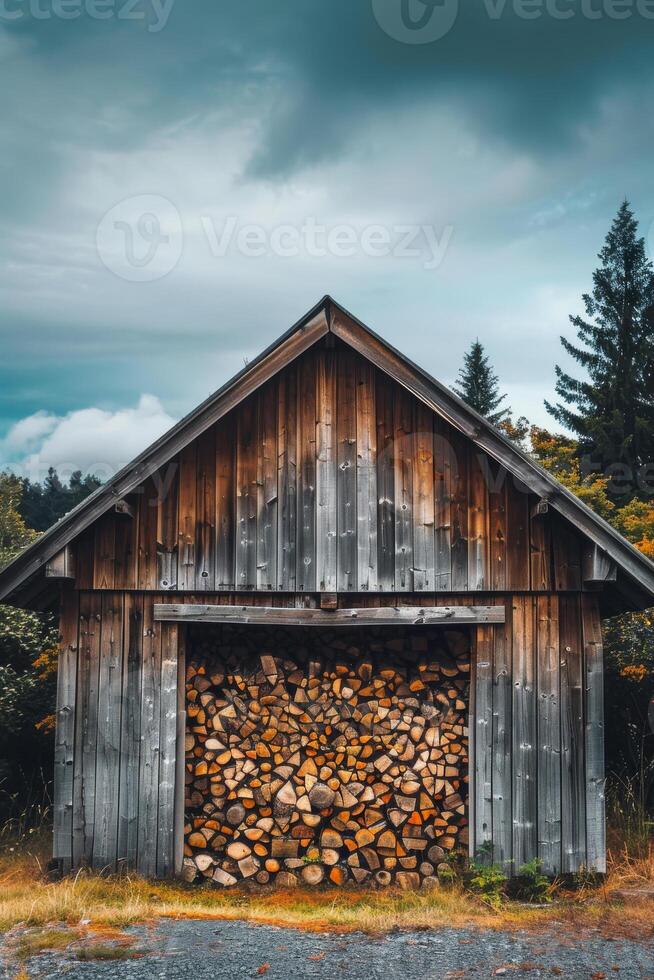 ai généré en bois cabanon est rempli avec bois de chauffage photo