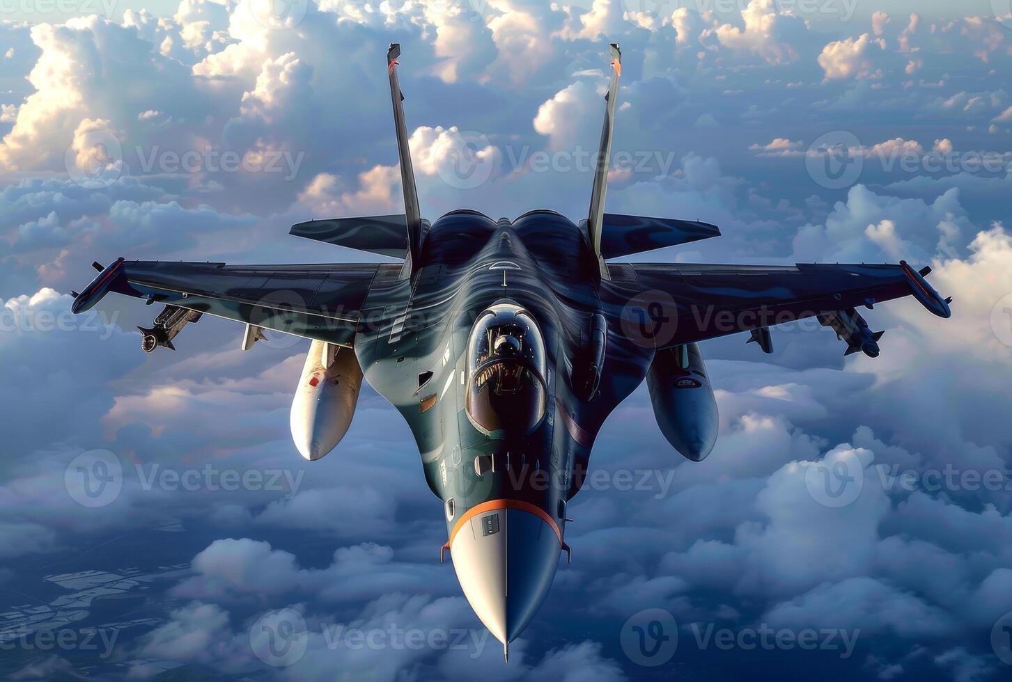 ai généré militaire combattant jet mouches haute dans le ciel au dessus le des nuages. photo