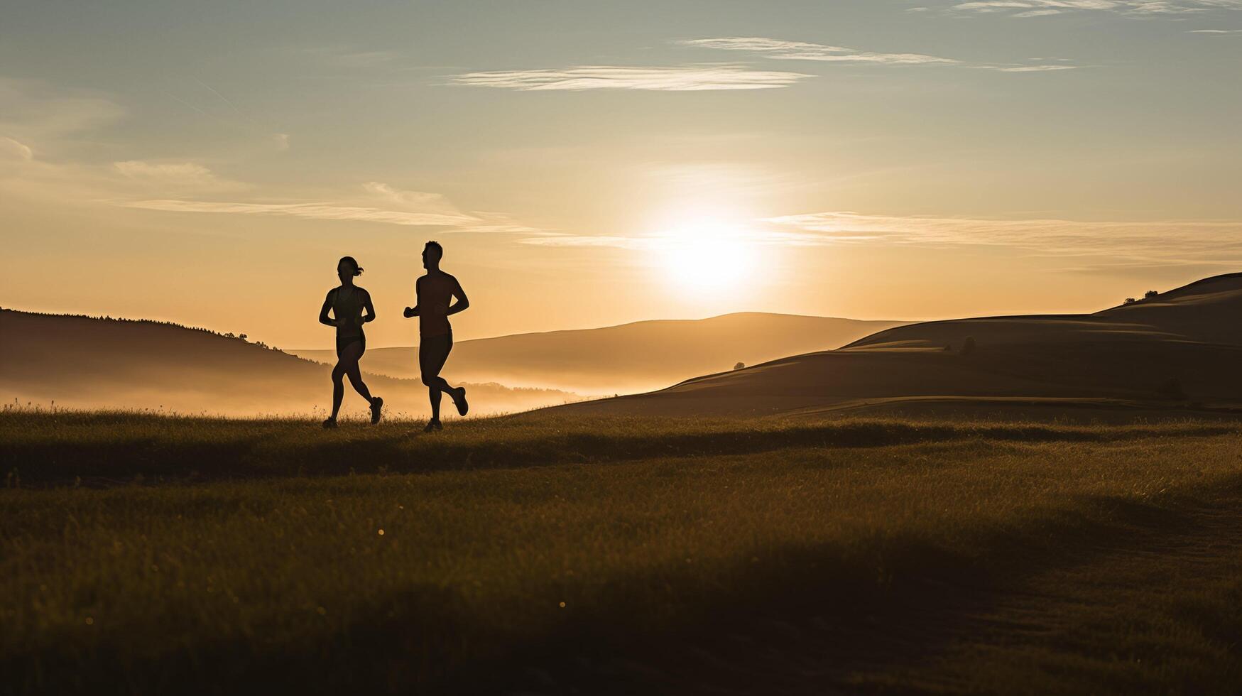 ai généré une dynamique scène se déroule comme une couple de les athlètes tiret par une pittoresque Naturel paysage, leur silhouettes encadré contre le toile de fond de roulant collines et ouvert ciel, photo