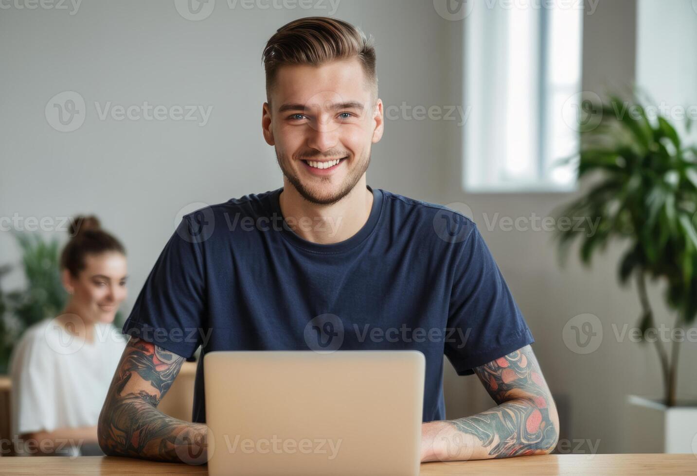 ai généré homme dans une blanc chemise souriant tandis que travail sur une portable dans une décontractée bureau. amical et attrayant espace de travail. photo