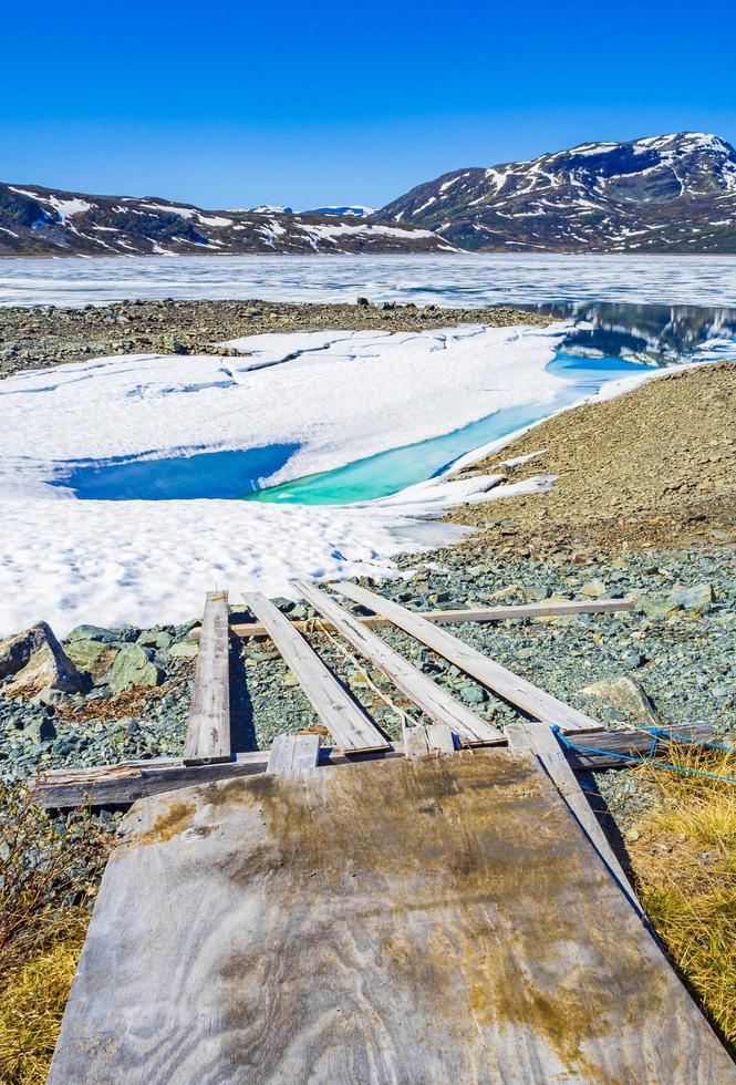 panorama du lac turquoise gelé vavatn dans le paysage d'été de la norvège d'hemsedal. photo