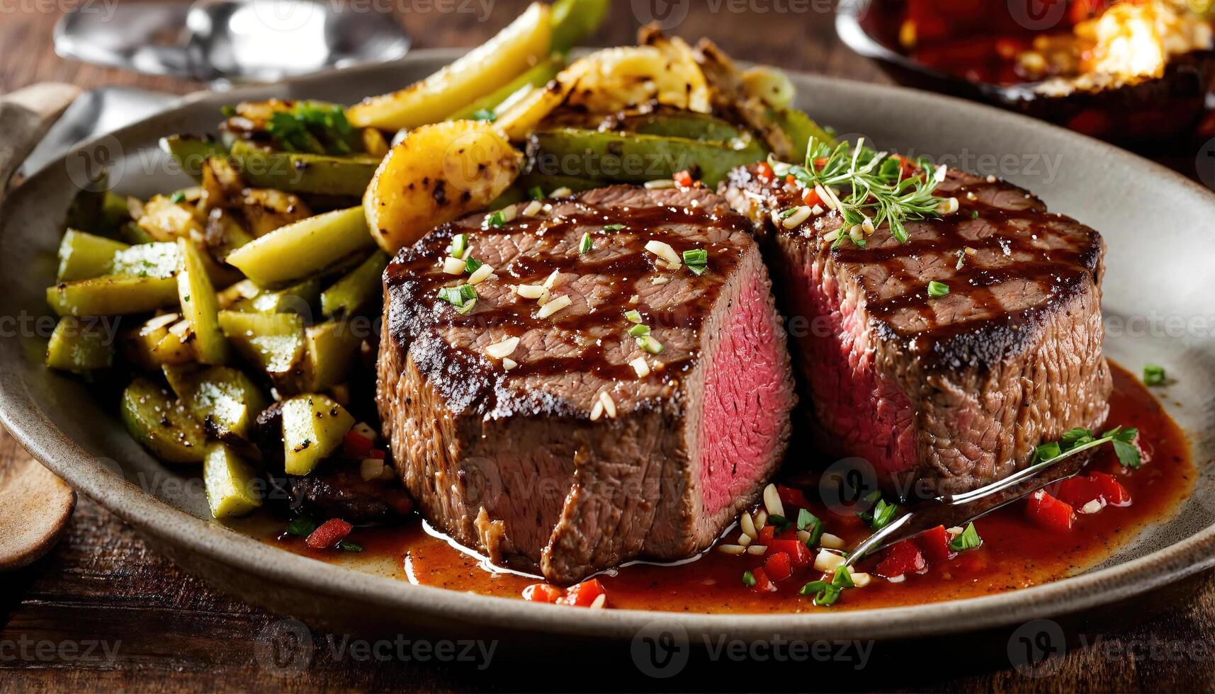 ai généré du boeuf steaks avec asperges et balsamique vinaigre. ai génératif photo