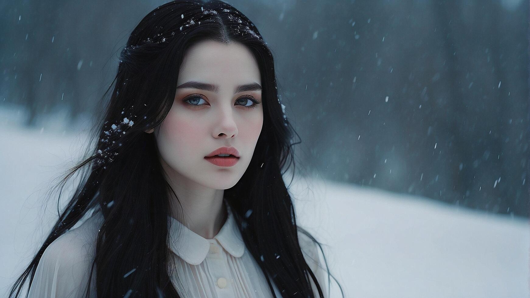 ai généré une magnifique femme avec longue noir cheveux dans le neige photo