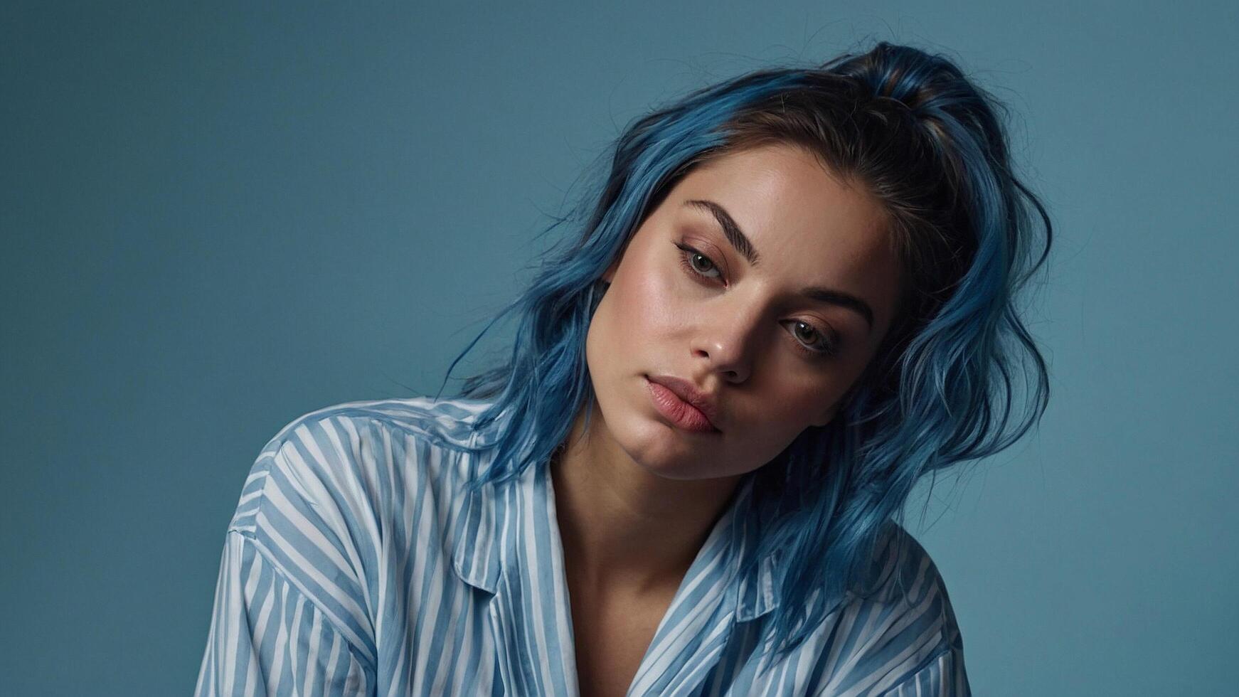 ai généré une femme avec bleu cheveux et une blanc chemise photo