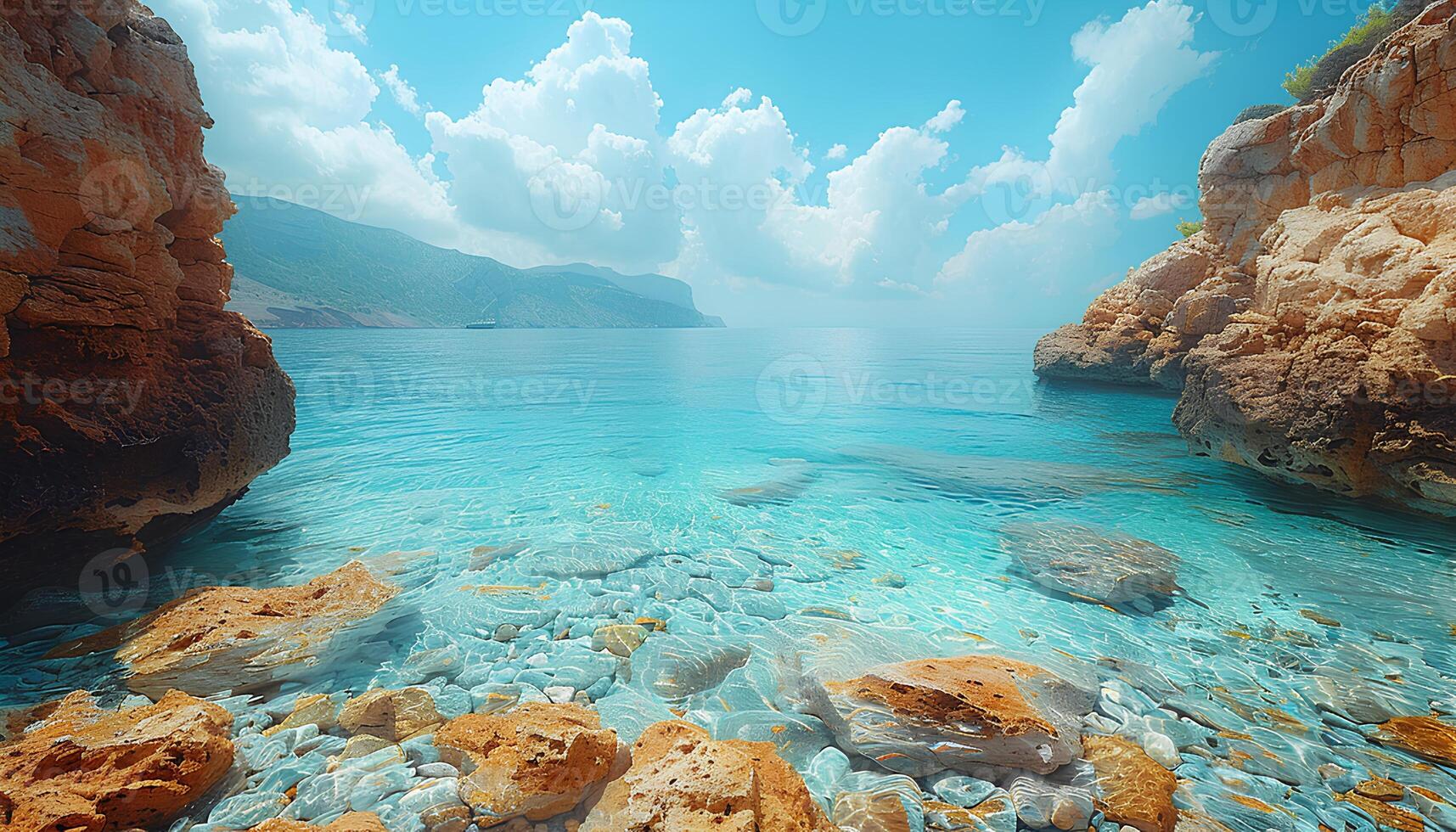 ai généré rocheux plage pendant été. plage et le océan avec des nuages. océan vue photo