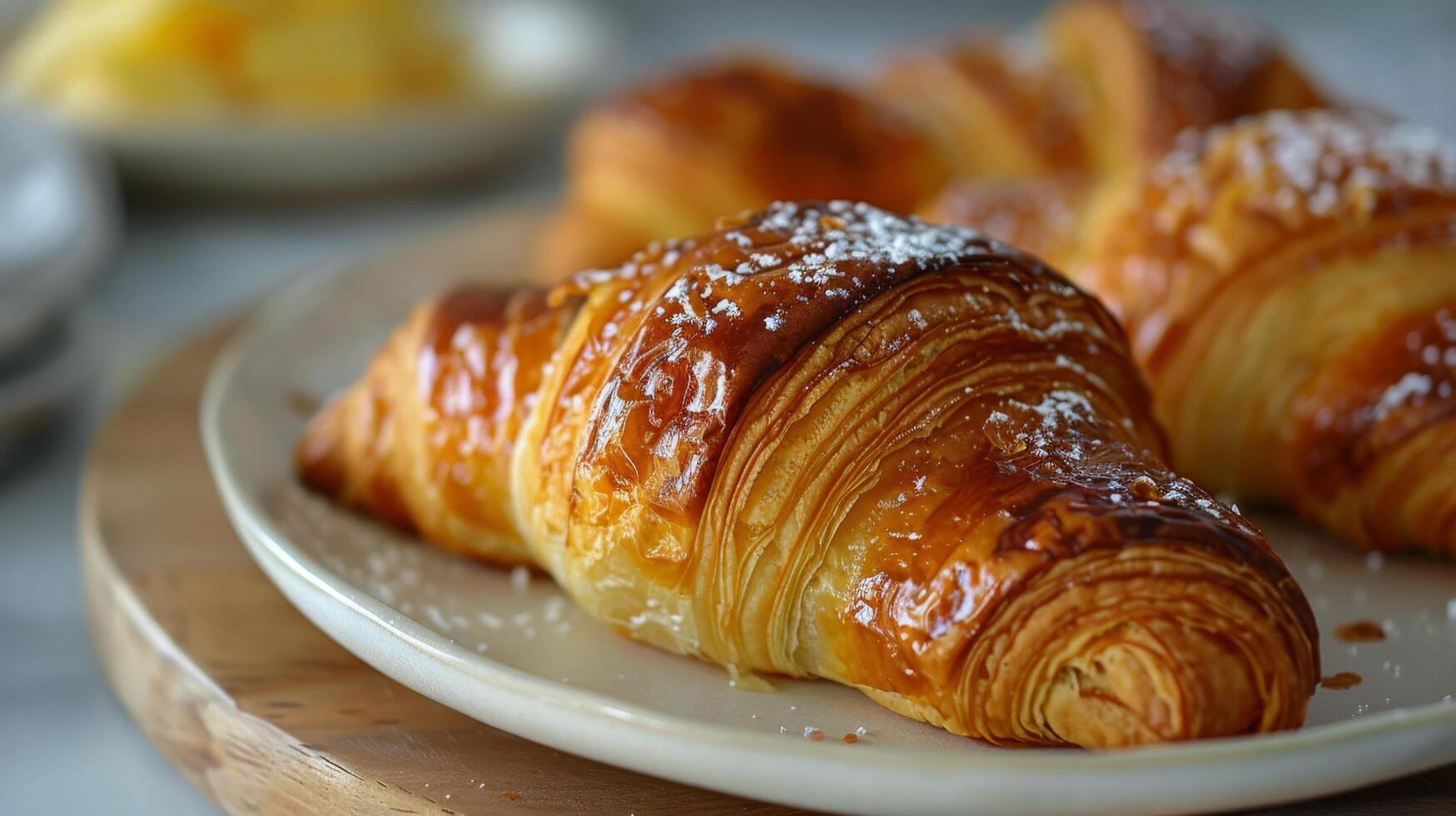 ai généré des croissants sur une assiette avec en poudre sucre photo