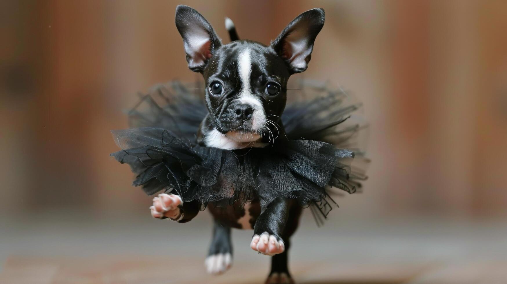 ai généré noir et blanc chien dans tutu photo