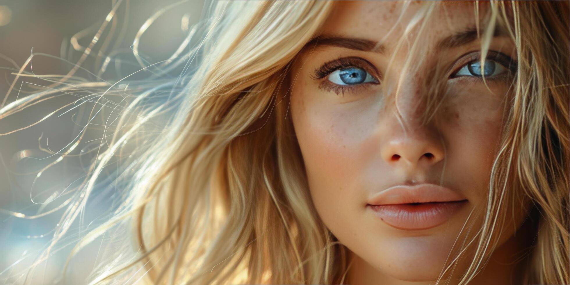 ai généré femme avec blond cheveux et bleu yeux photo