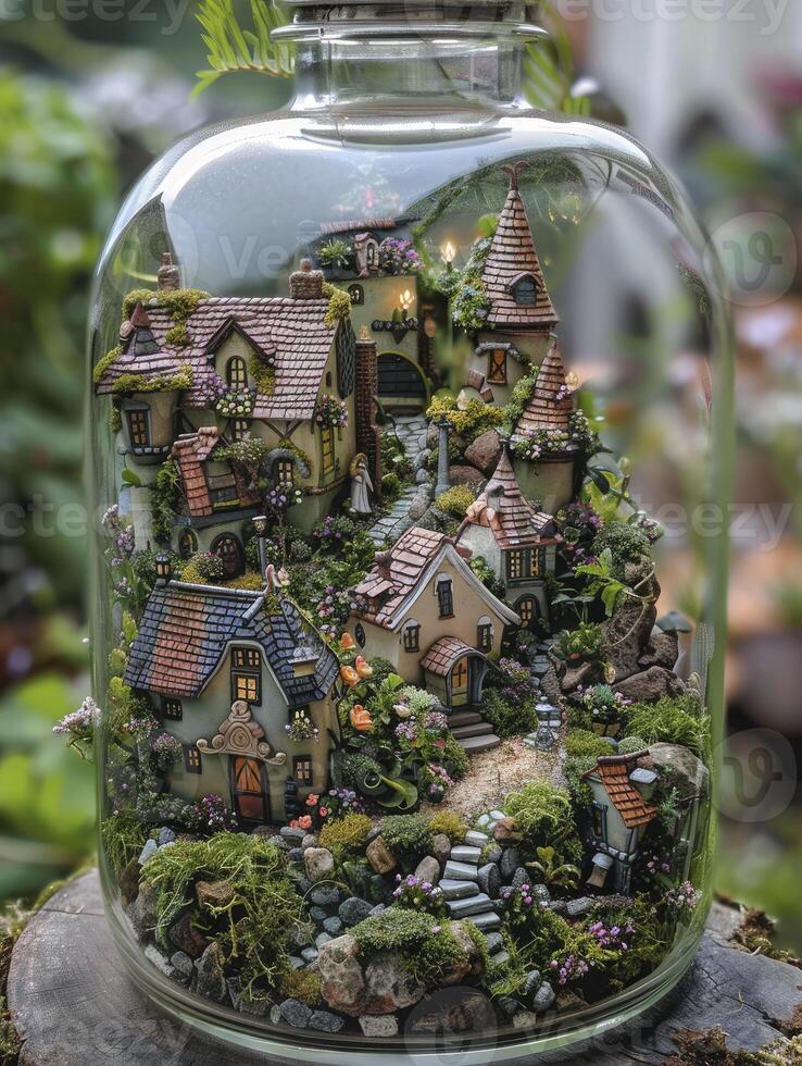 ai généré royaume des fées dans une pot. miniature châteaux et enchanté paysages. photo