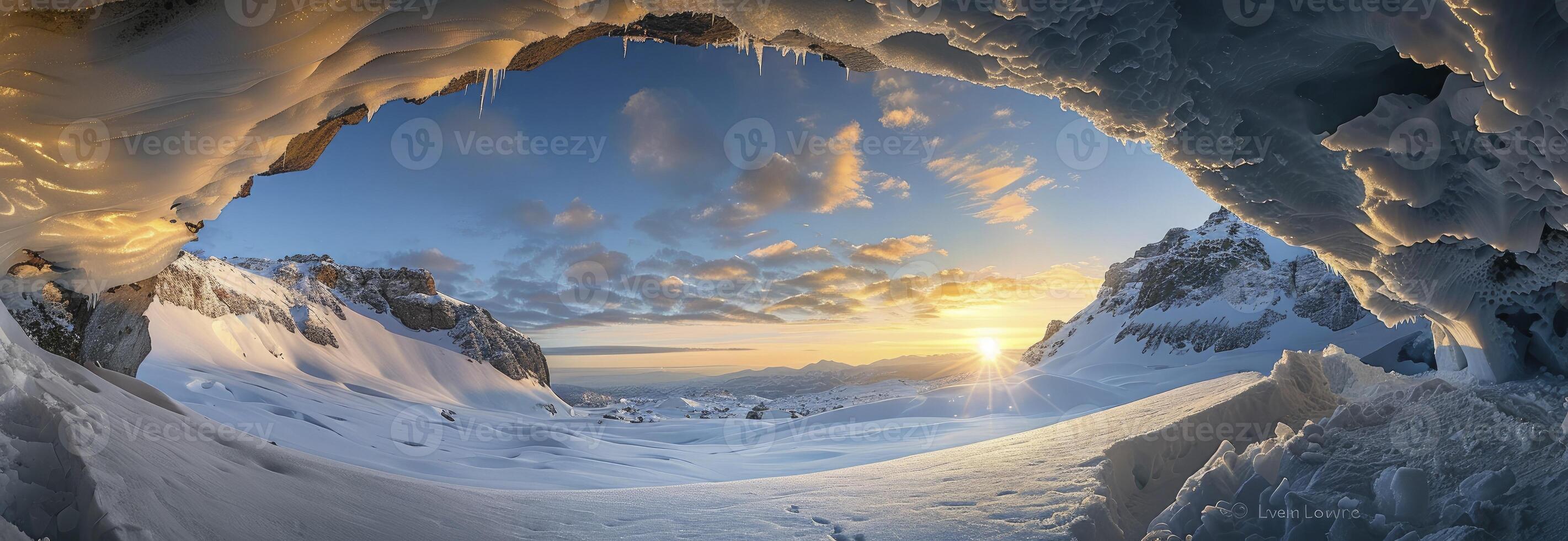 ai généré le le coucher du soleil brille par le trou dans un la glace la grotte photo