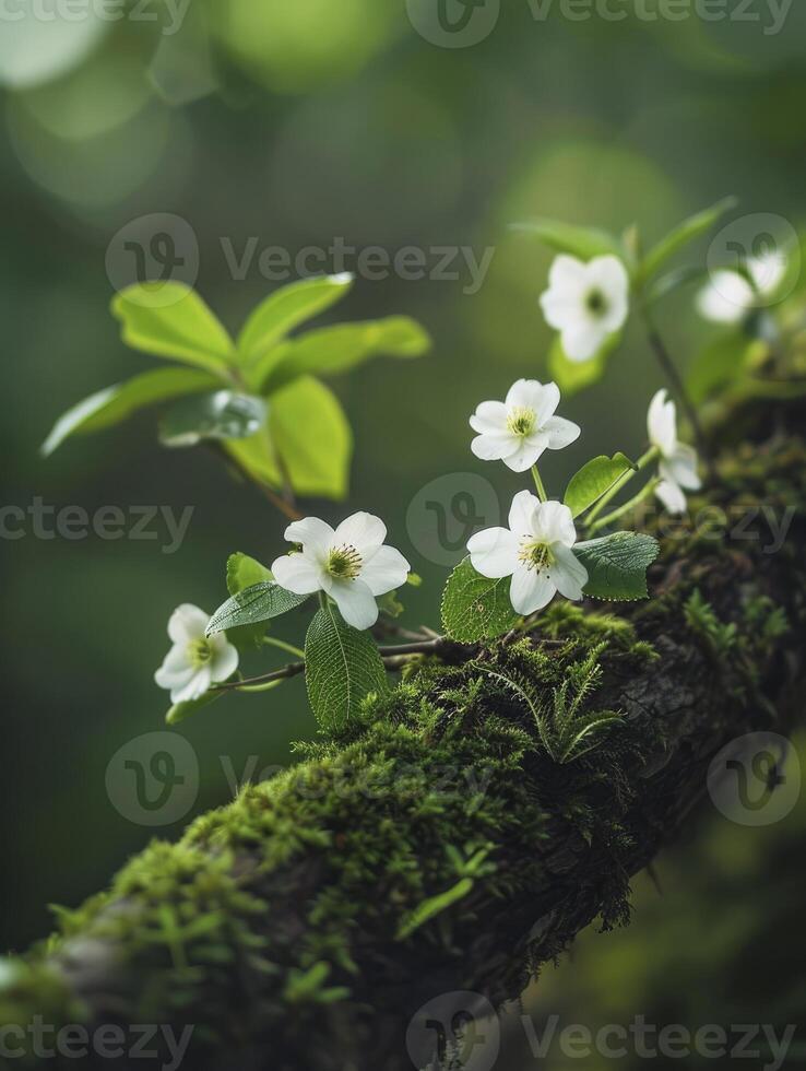 ai généré tranquille forêt mousse orner un vieux arbre bifurquer, épanouissement avec blanc fleurs, magnifique et Frais fleurs sauvages scène verdure, sens de paix et sérénité dans la nature photo