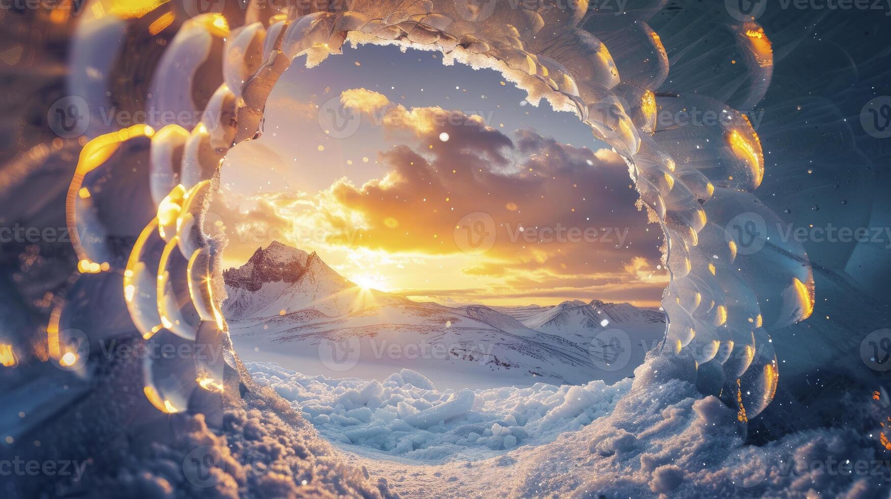 ai généré le le coucher du soleil brille par le trou dans un la glace la grotte photo