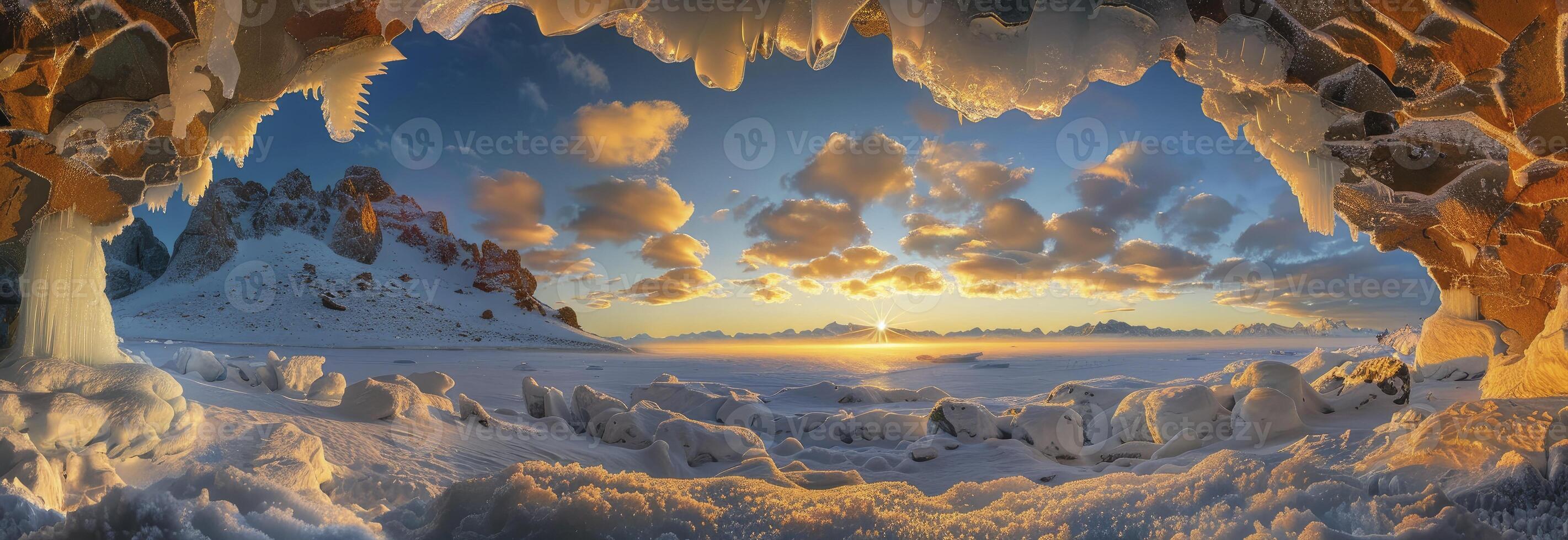 ai généré le le coucher du soleil brille par le trou dans un la glace la grotte photo