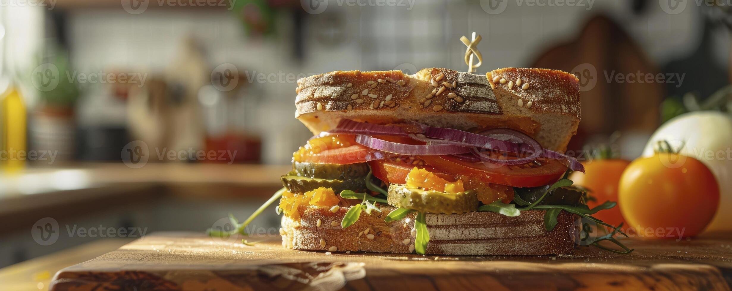 ai généré confort nourriture fait maison sandwich avec piquant Orange diffuser, surmonté avec oignon, tomate, et cornichons, dans une confortable Accueil cuisine réglage photo