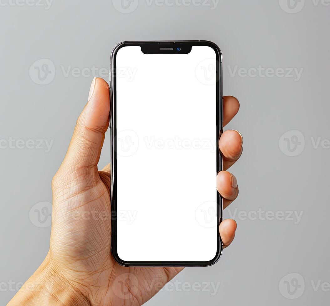 ai généré moderne téléphone intelligent maquette. main en portant téléphone intelligent avec blanc Vide filtrer. photo