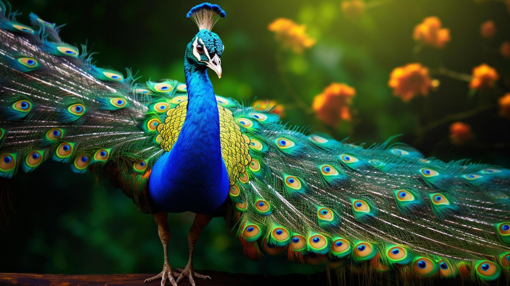 ai généré une paon avec coloré plumes et fleurs photo