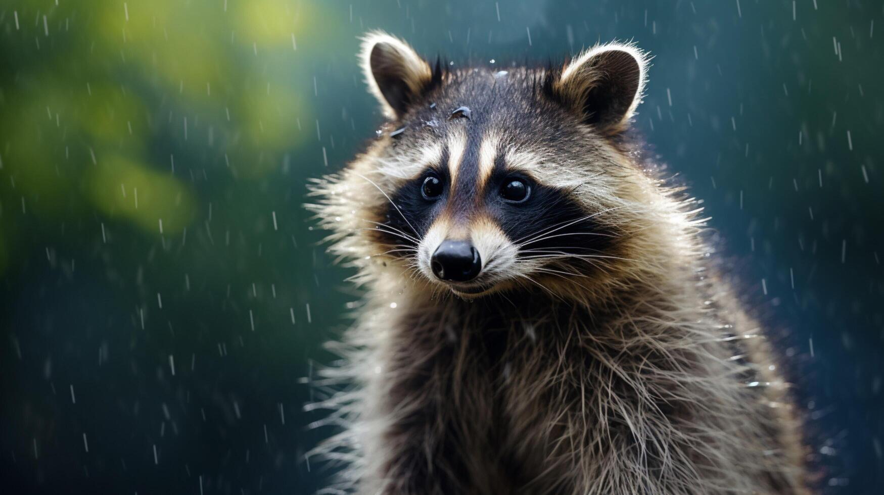 ai généré une raton laveur séance sur une Roche dans le les bois photo