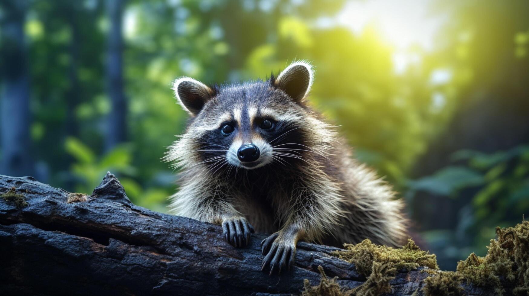 ai généré une raton laveur séance sur une Roche dans le les bois photo