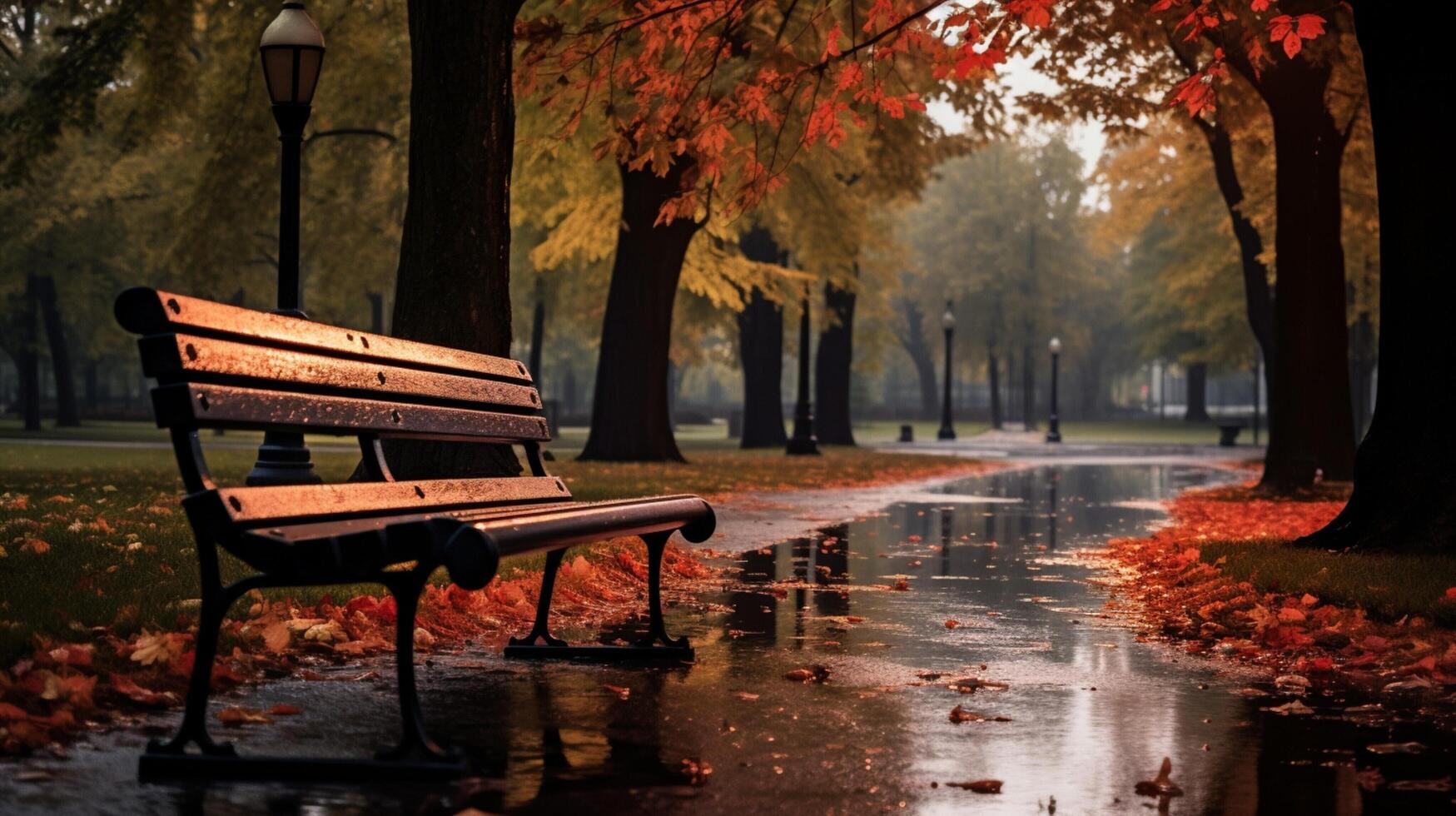 ai généré pluvieux parc banc des moments Contexte photo