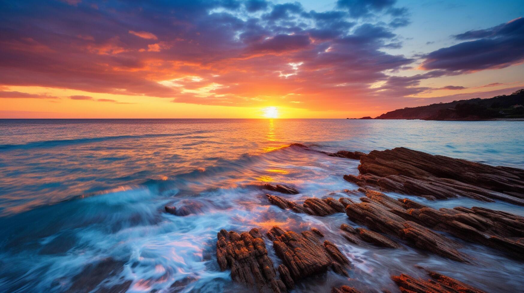 ai généré romantique le coucher du soleil par le rivage Contexte photo