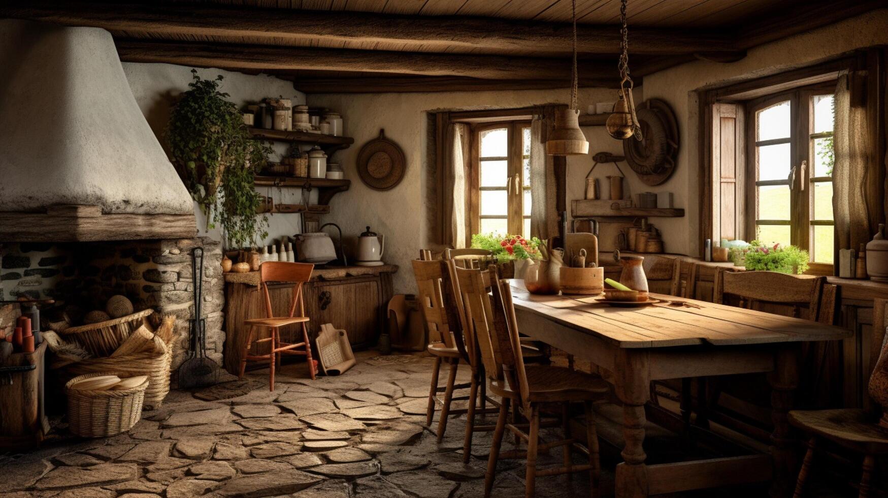 ai généré rustique ferme intérieur conception photo