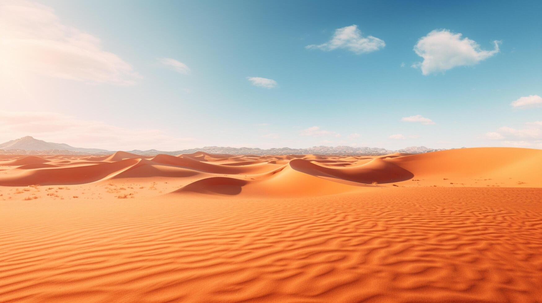 ai généré désert paysage avec le sable dunes et montagnes à le coucher du soleil photo