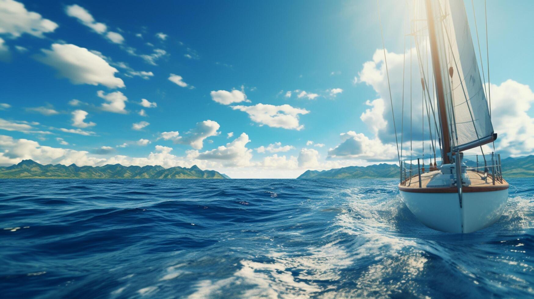 ai généré voile bateau sur Lac avec des arbres et montagnes photo