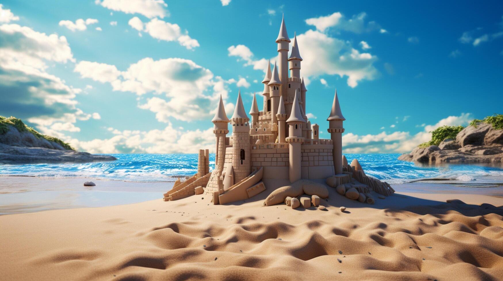 ai généré une le sable Château sur le plage avec bleu ciel photo