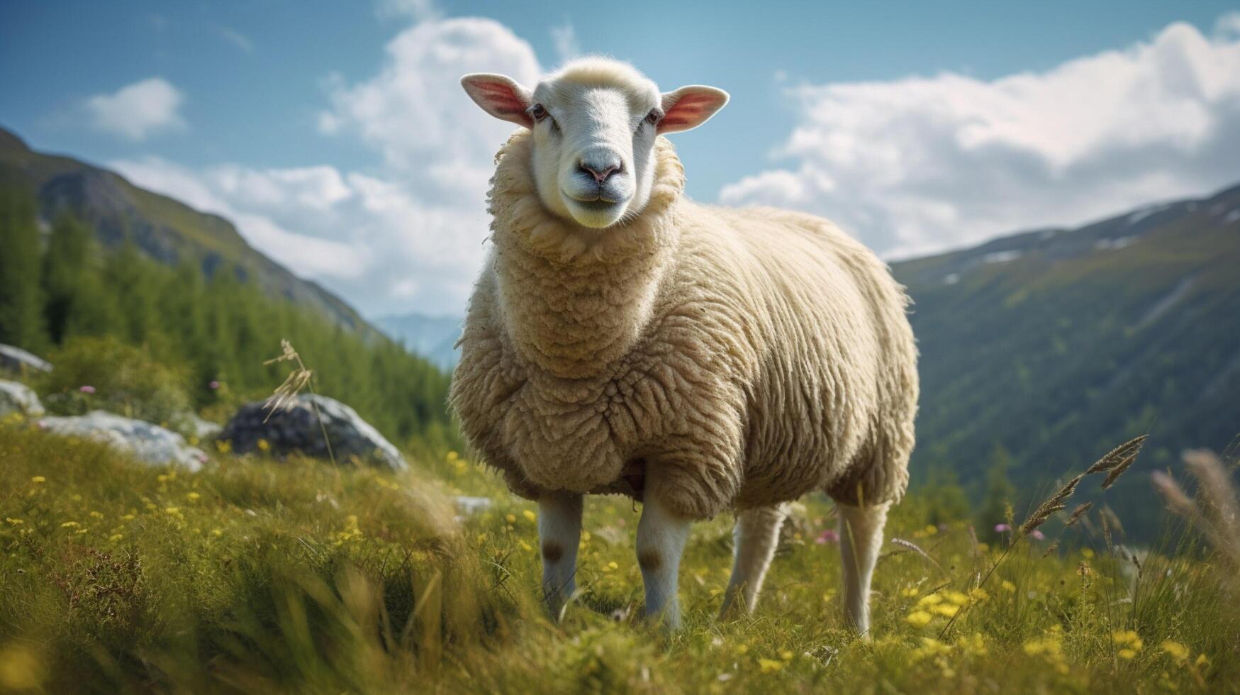 ai généré une mouton est permanent dans une champ avec autre mouton photo