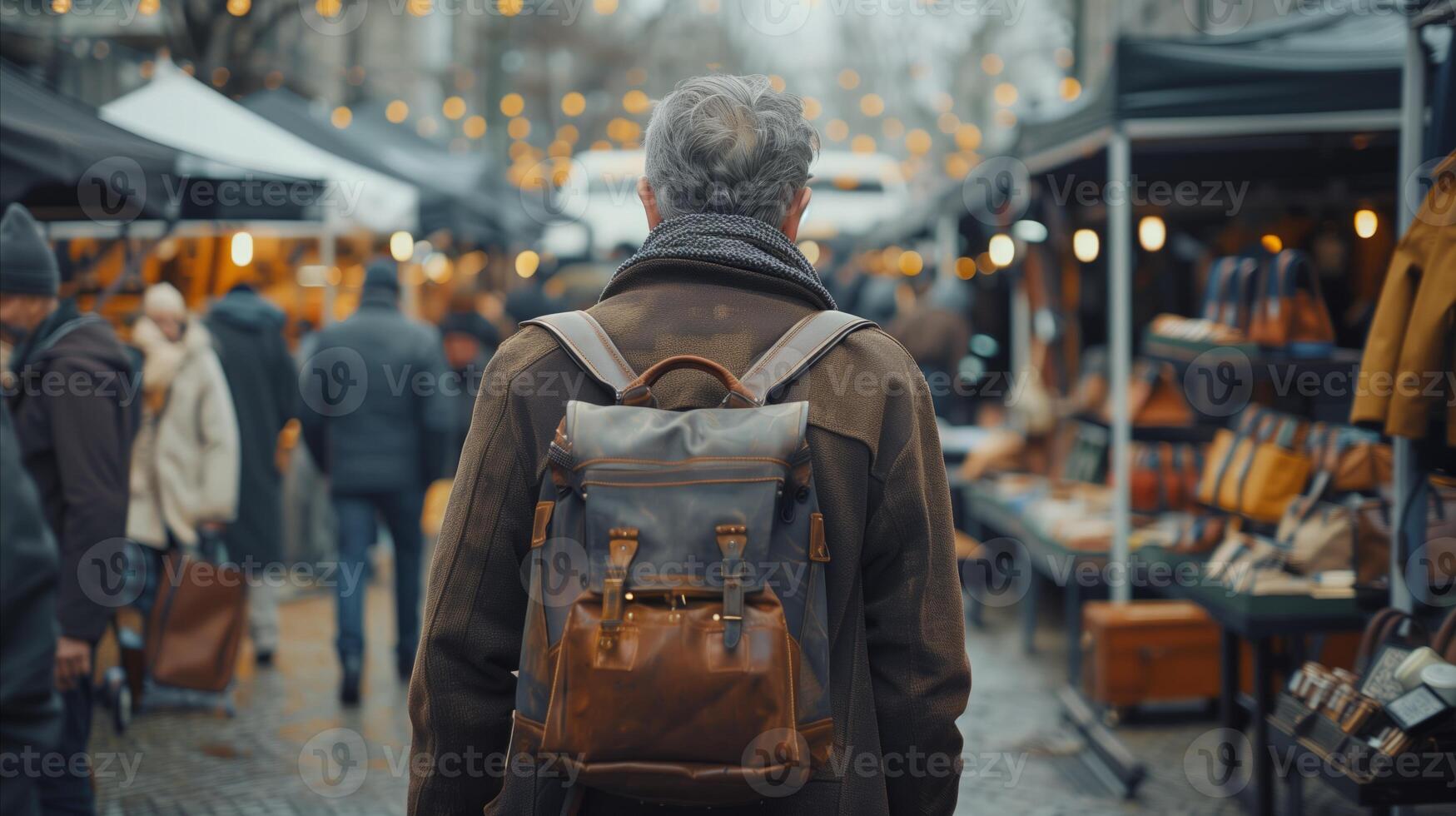 ai généré homme explorant articles à une animé Extérieur Puce marché photo