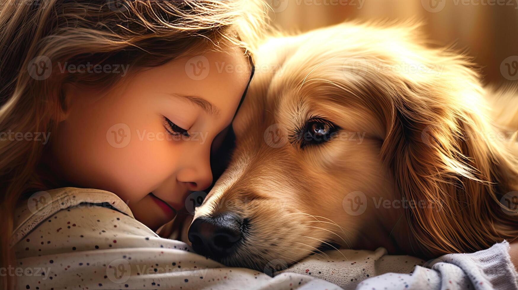 ai généré peu fille et d'or retriever fermer portrait dans rétro-éclairage. relation amicale et soumissionner sentiments entre Humain et animal concept. ai généré illustration. photo