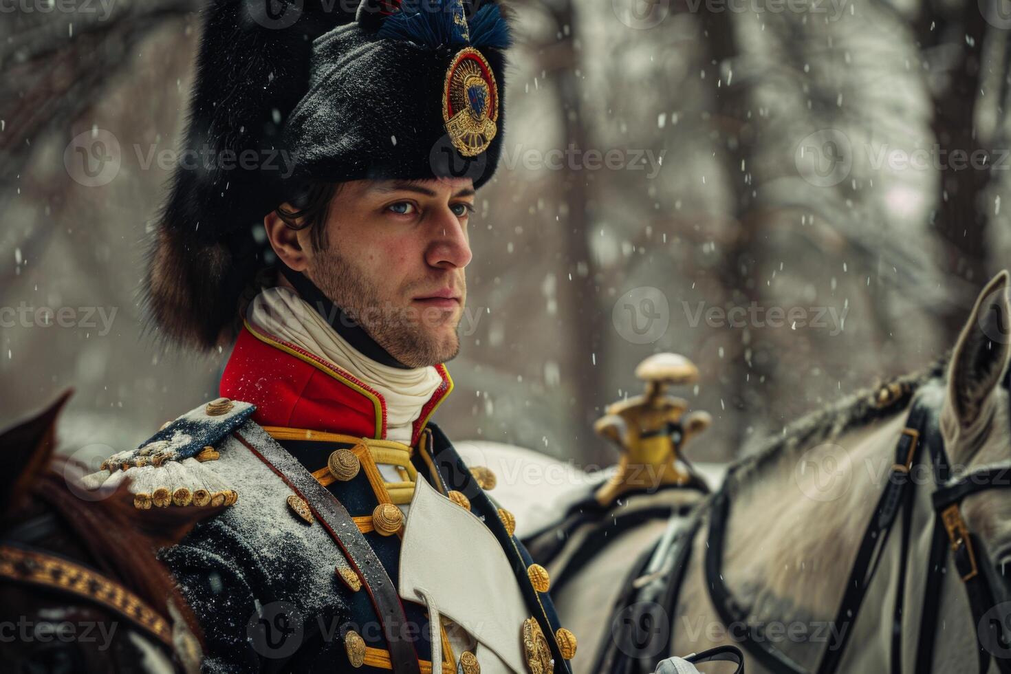 ai généré napoléon dans uniforme sur à cheval pour une historique militaire reconstitution dans le neige photo