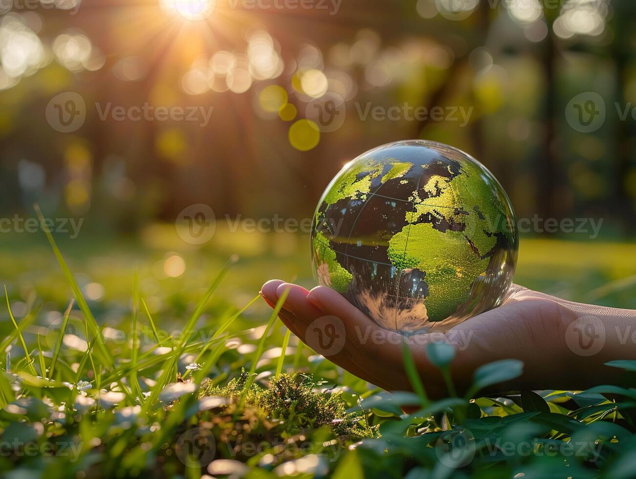 ai généré une main berceaux une cristal globe reflétant le monde, ensemble contre le d'or lumière de une réglage Soleil. génératif ai. photo