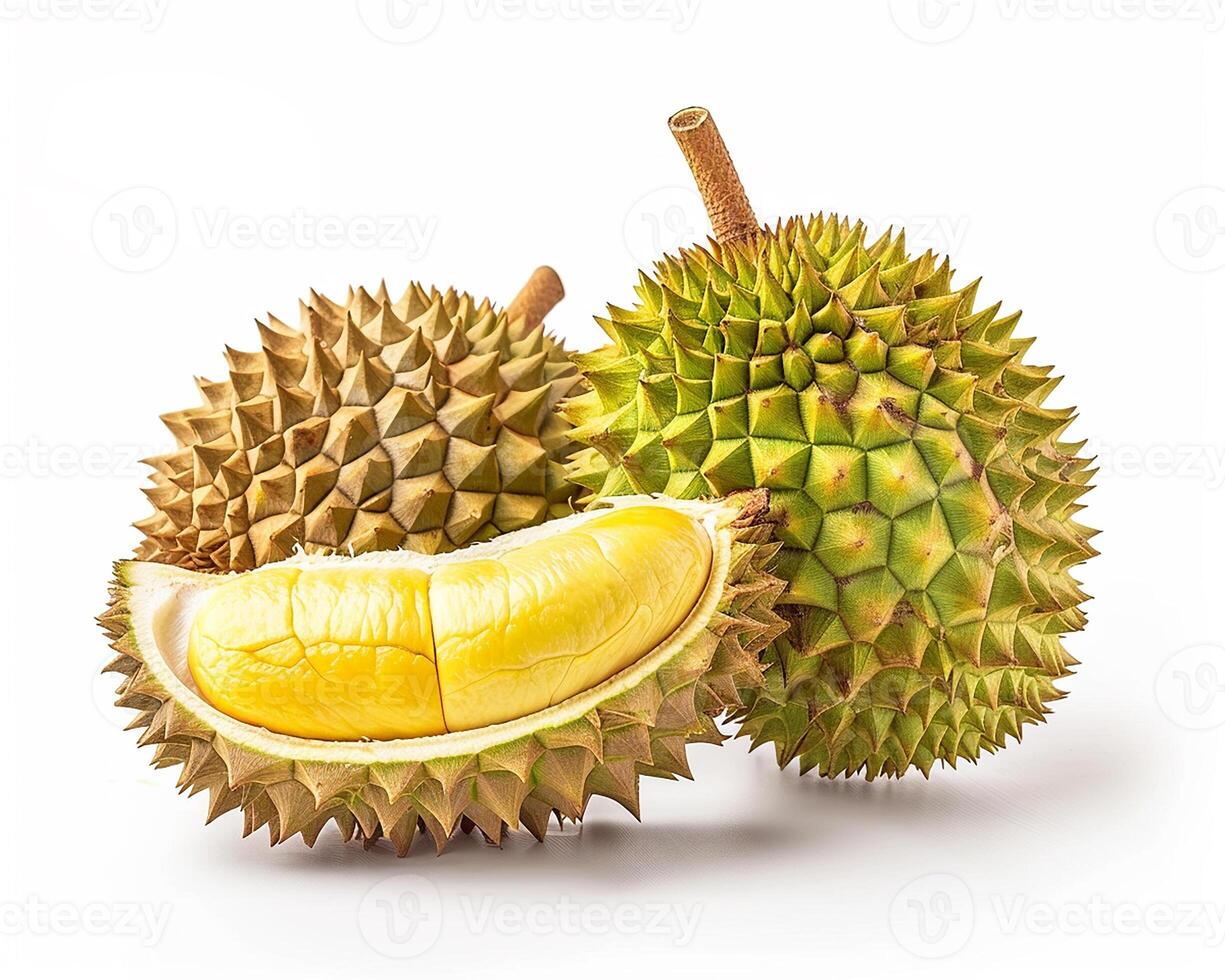 ai généré entier durian fruit avec tranche isolé sur blanc Contexte. fermer tir. photo