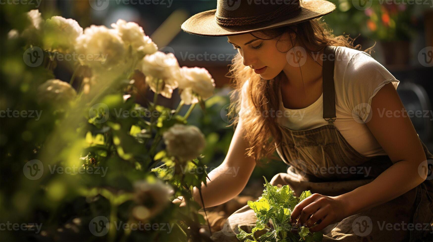 ai généré calme femme jardinage dans printemps. femelle jardinier plantation fleurs. printemps communauté Urbain jardin. ai génératif photo