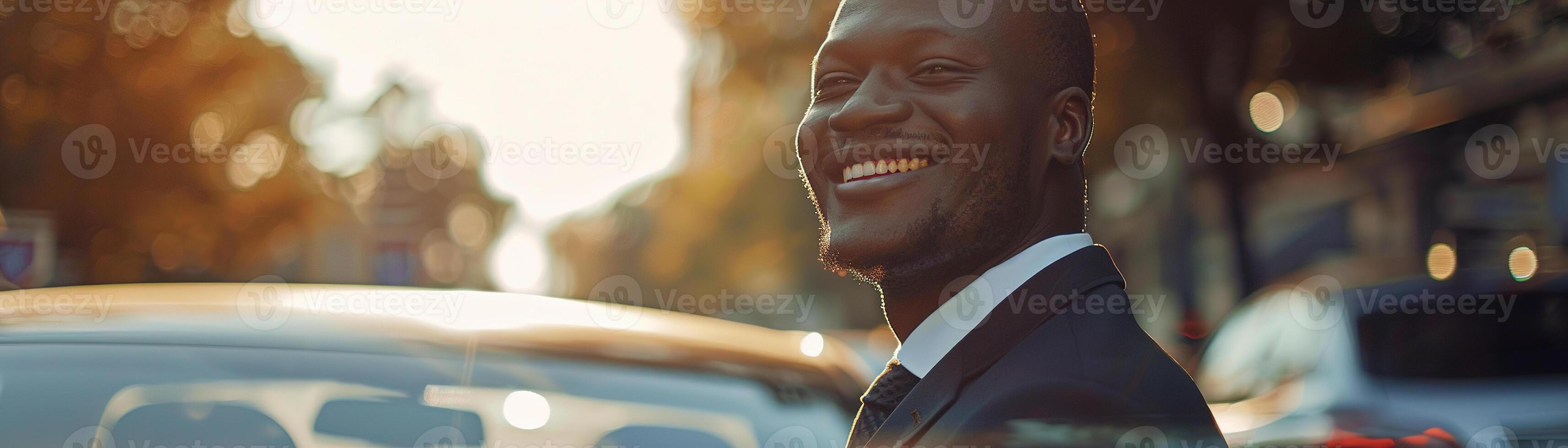 ai généré joyeux à peau noire homme d'affaire par le sien voiture, adapté pour thèmes de professionnel succès, positif entreprise image, direction, et Urbain mode de vie. panoramique bannière. génératif ai. photo