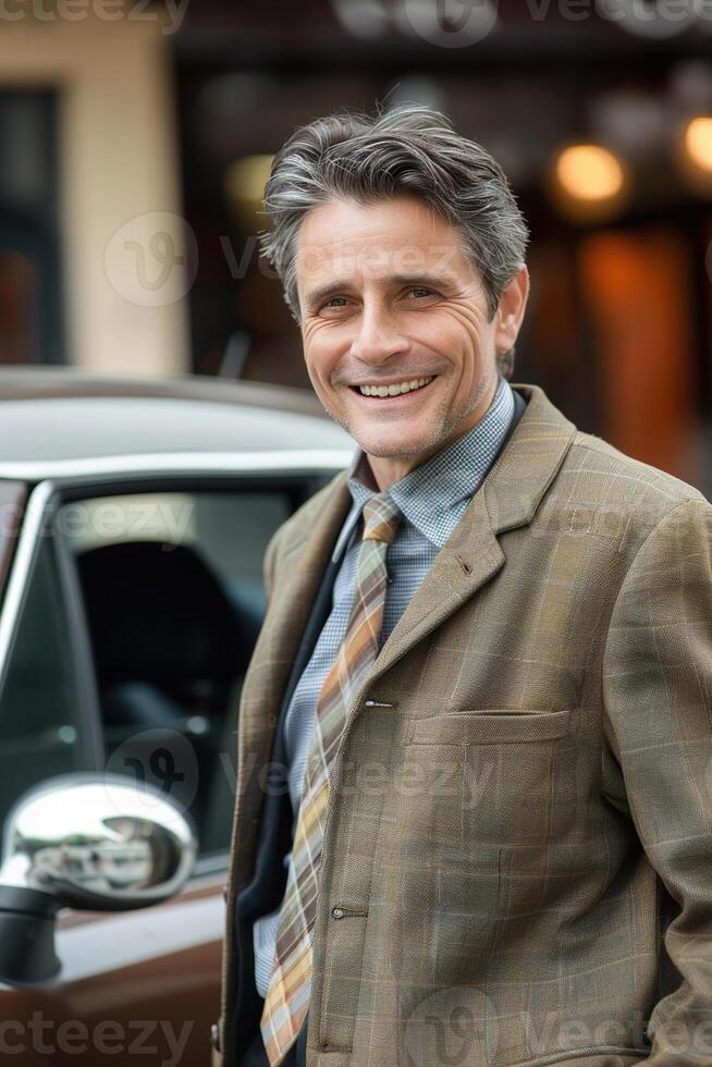 ai généré amical, souriant, mature homme d'affaire par voiture, parfait pour les publicités, des articles sur Succès ou finance, mode de vie, incorporant expérience, fiabilité, et accessibilité. verticale photo. photo