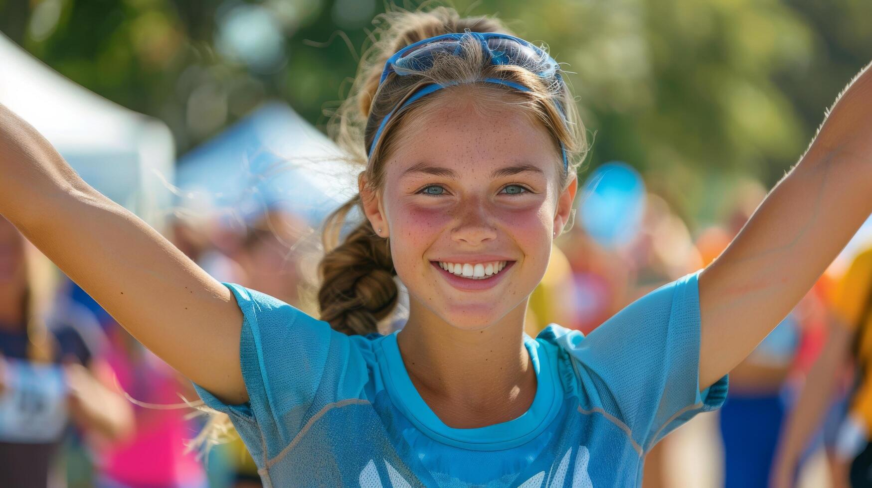 ai généré femme dans des sports soutien-gorge Haut permanent sur rue photo