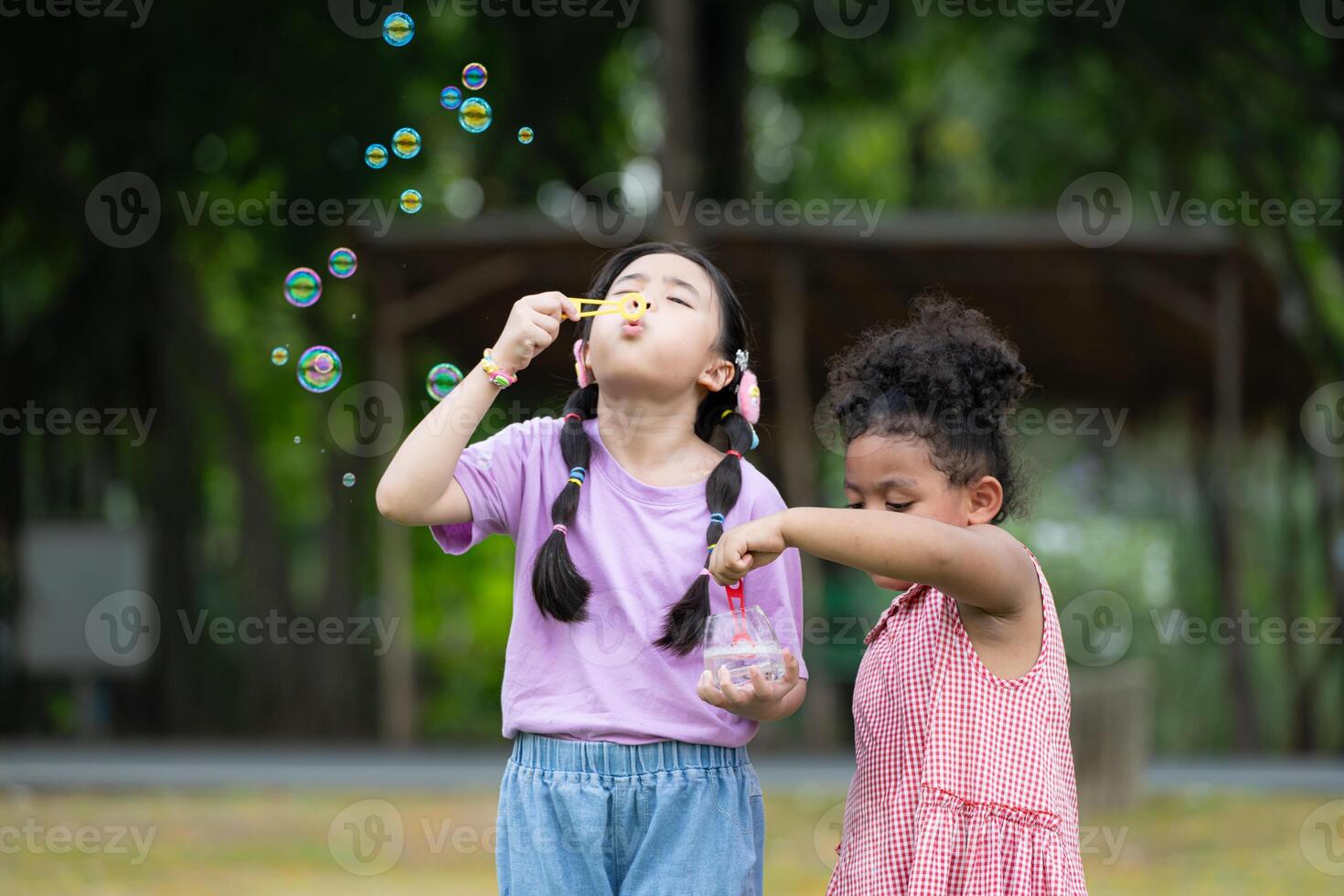 les filles dans le parc avec soufflant air bulle, entouré par verdure et la nature photo