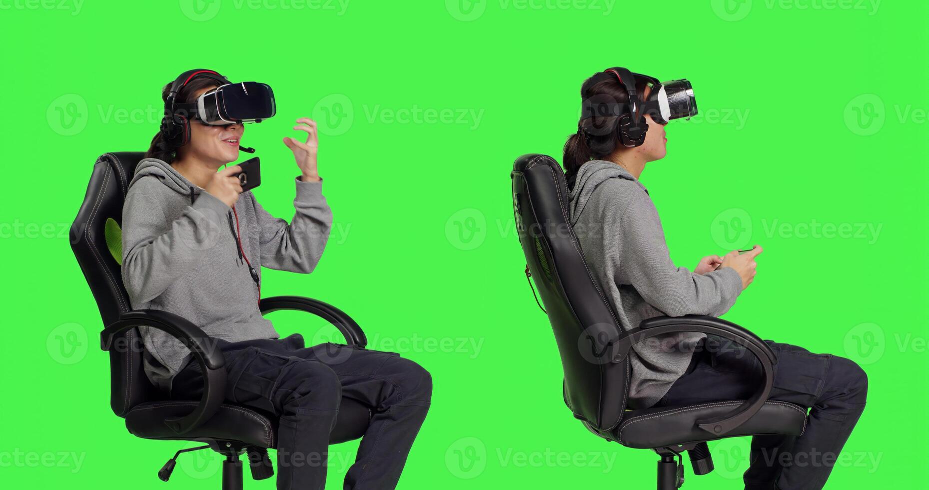 asiatique gars pièces mobile Jeu avec vr casque dans studio, profiter en ligne rpg compétition en utilisant virtuel réalité La technologie sur téléphone intelligent. Jeune adulte joueur ayant amusement avec amis. photo