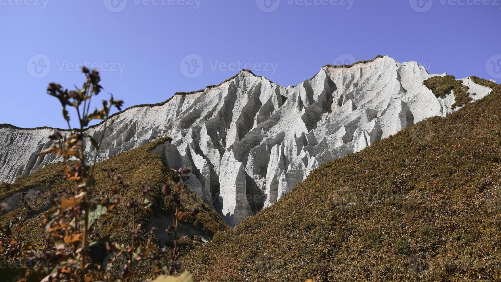 magnifique blanc rochers avec érosion et végétation. agrafe. volcanique blanc rochers avec érosion et incroyable végétation. Naturel attraction avec rocheux paysage photo