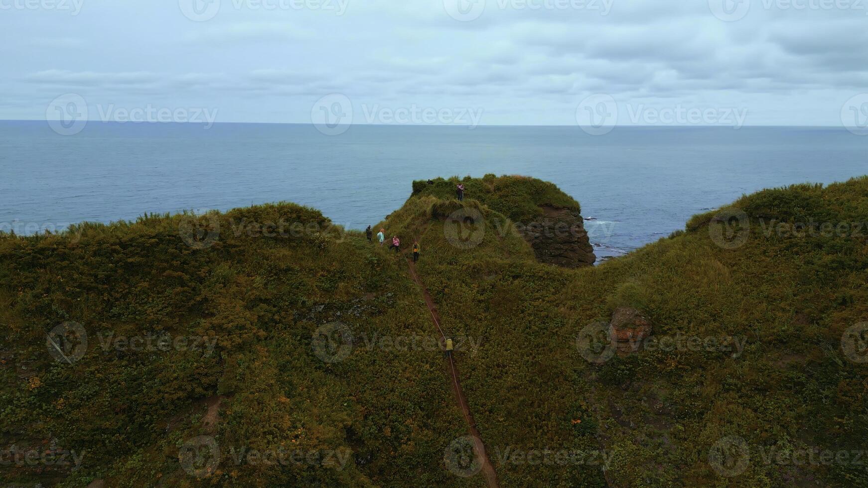 Haut vue de groupe de gens permanent sur bord de côte. agrafe. touristes sont permanent sur rocheux rive surplombant mer horizon. touristes sur Roche avec magnifique herbe par mer sur nuageux journée photo