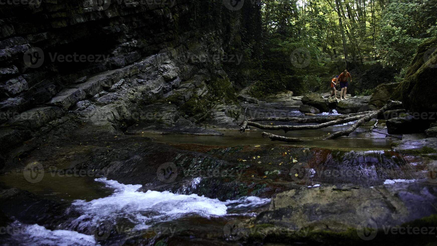 mère et enfant dans vite écoulement Montagne rivière sur une été journée. créatif. randonnée dans été jungles. photo