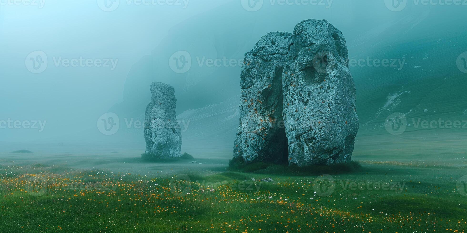 ai généré ancien mégalithique des pierres sur une brumeux Matin sur une Prairie dans Montagne vallée photo