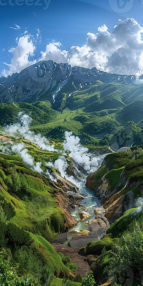 ai généré verticale vue de une volcanique vallée avec geysers et thermique ruisseaux photo