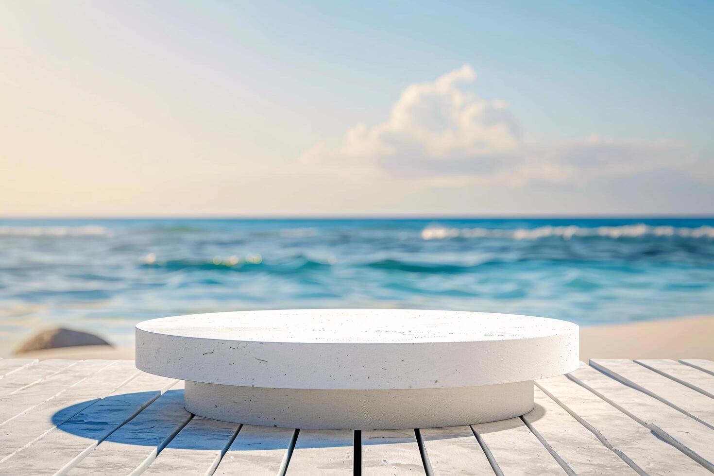 ai généré produit podium afficher avec magnifique le sable plage lumière du jour temps pour publicité ai généré photo