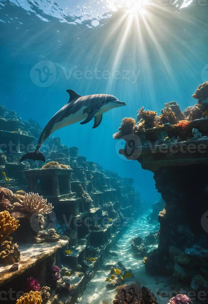 ai généré dauphin nager dans une corail récif avec rayons de soleil et rayons de soleil photo